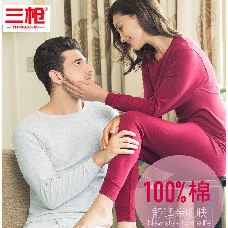 Three gun lingerie for men and women comfortable round collar loose with full cotton autumn and winter warm thin undershirt suit autumnist sweatpants
