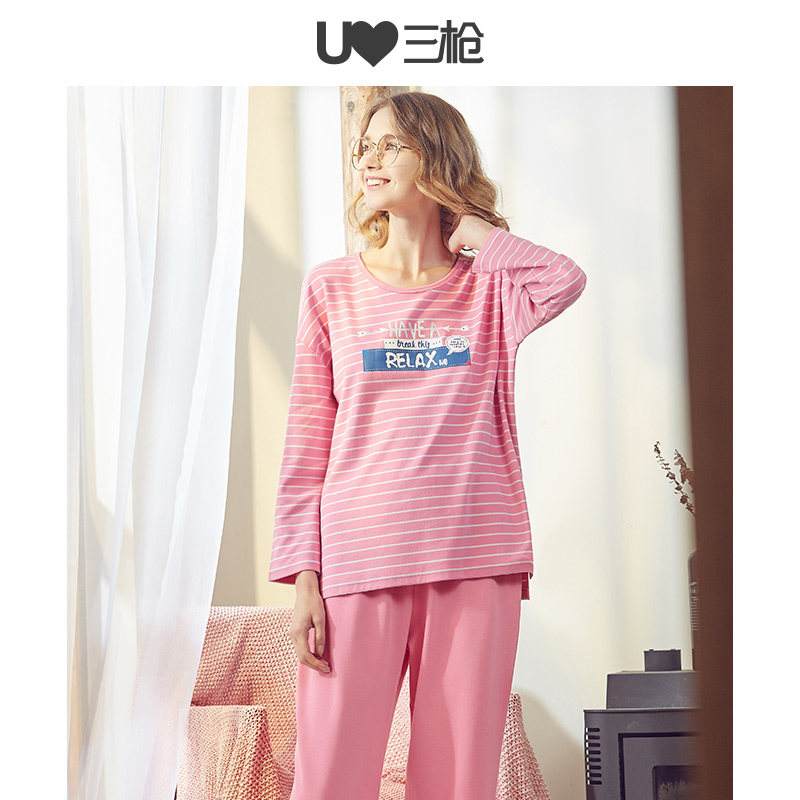 Three-gun pyjamas for men and women Abrasive Elastic Cotton Autumn Winter Colored Strips Printed Cotton minimalist casual couple's home suit