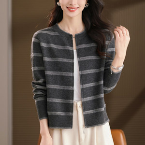 Women's Wool Cardigan Knit Sweater for Mom, 2026 Autumn New Style, Zippered, Fashionable, Loose Fit, Plus Size, Striped Sweater Coat