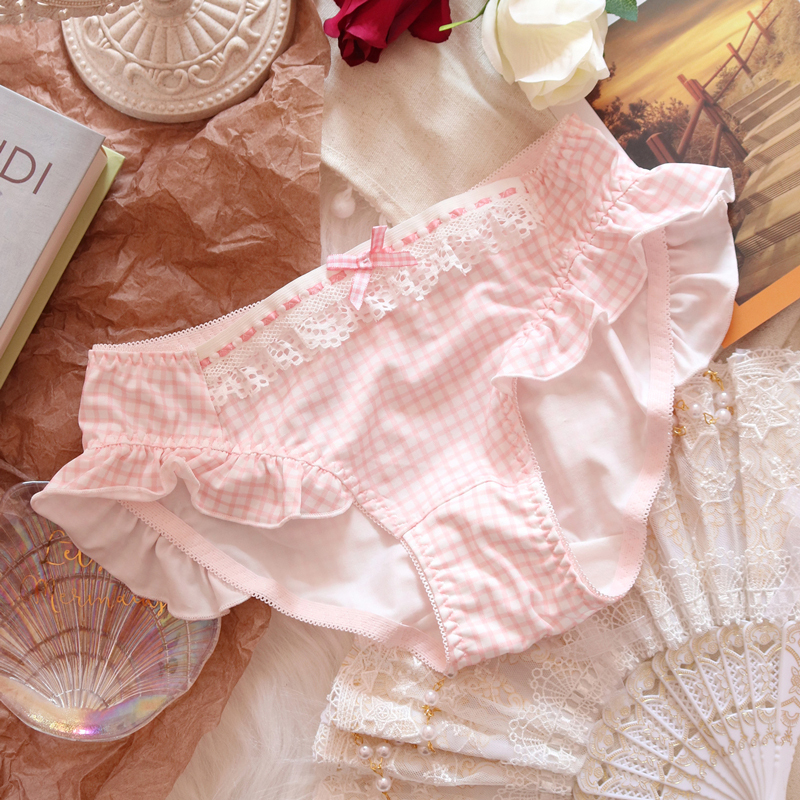 Japanese-Style Sweet Pink Plaid Girl's Underwear with Cute Bow, Mid-Low Waist, Ruffled Student Briefs
