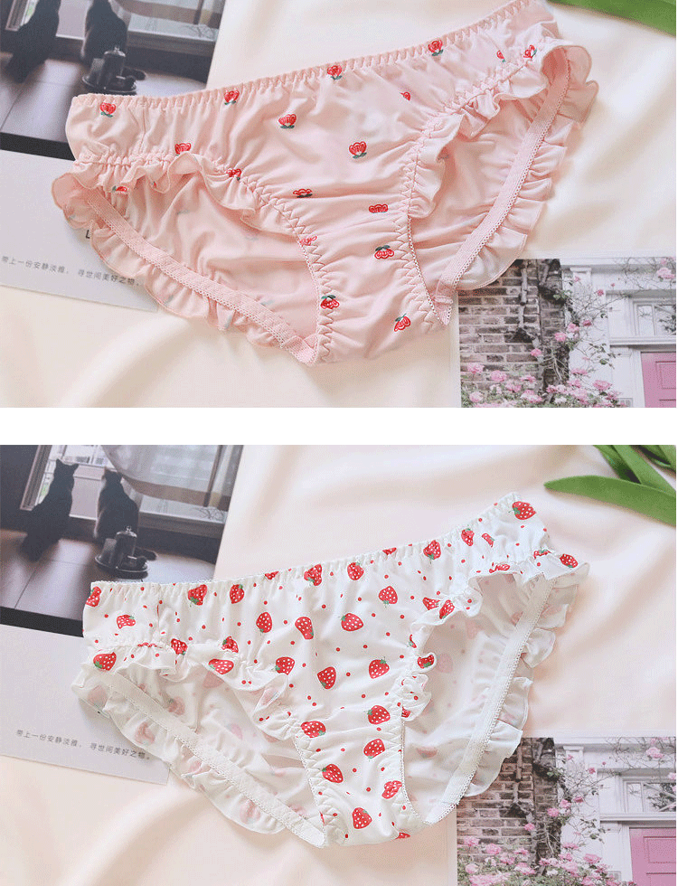 Quần lót dâu nhỏ Cô gái dễ thương Công chúa Nhật Bản In Sữa Silk Eo thấp Ngọt Ruffle Tam giác Tóm tắt - Vòng eo thấp quan lot khe