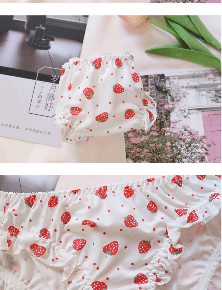 Quần lót dâu nhỏ Cô gái dễ thương Công chúa Nhật Bản In Sữa Silk Eo thấp Ngọt Ruffle Tam giác Tóm tắt - Vòng eo thấp quan lot khe