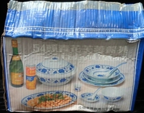 1980s old Jingdezhen blue and white hibiscus 54-piece tableware for a meal for ten underglaze color applique four-character style