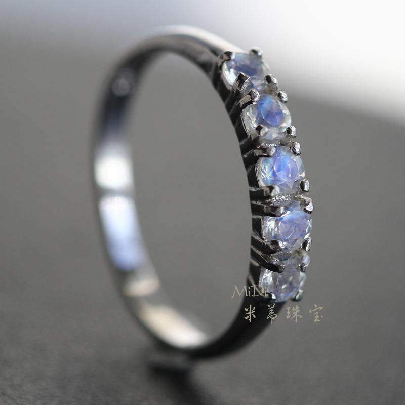 天然月光石刻面排戒日韩简约精工镶嵌戒指女饰品蓝光强晶体透包邮