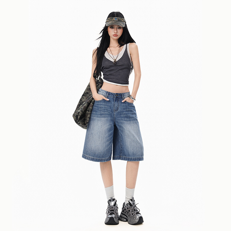 Tencel High-Waisted Five-Point Denim Shorts for Women, New Spring/Summer American Retro Thin Cool Loose Straight Wide-Leg Mid-Length Pants