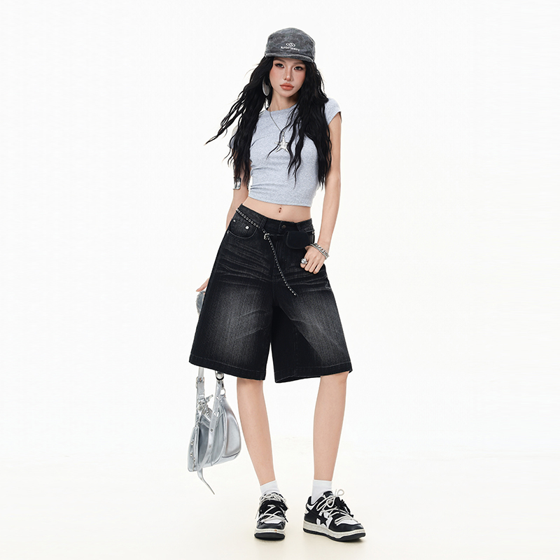 Wide-Leg Five-Point Denim Shorts for Women, Spring and Summer, Black and Gray, Petite, High-Waisted, Loose, Drapey, Slimming, Vintage Mid-Length Shorts Wide-Leg Five-Point Denim Shorts for Women, Spring and Summer, Black and Gray, Petite, High-Waisted, Loose, Drapey, Slimming, Vintage Mid-Length Shorts