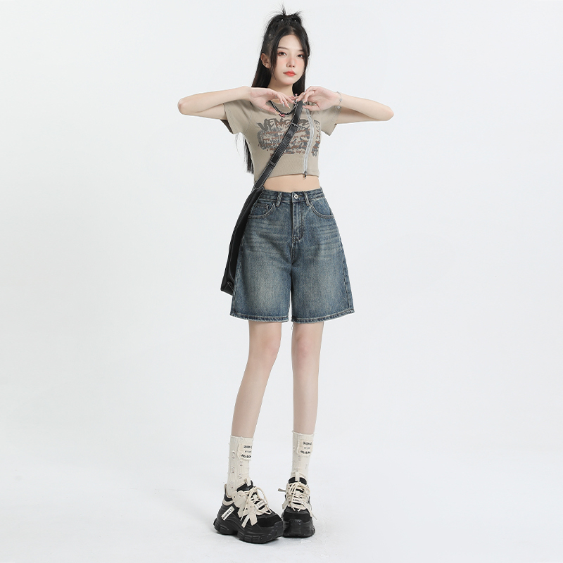 Women's Five-Point Jeans, New Spring/Summer Style, Petite Loose Straight-Leg Thin High-Waisted Retro A-Line Wide-Leg Mid-Length Pants