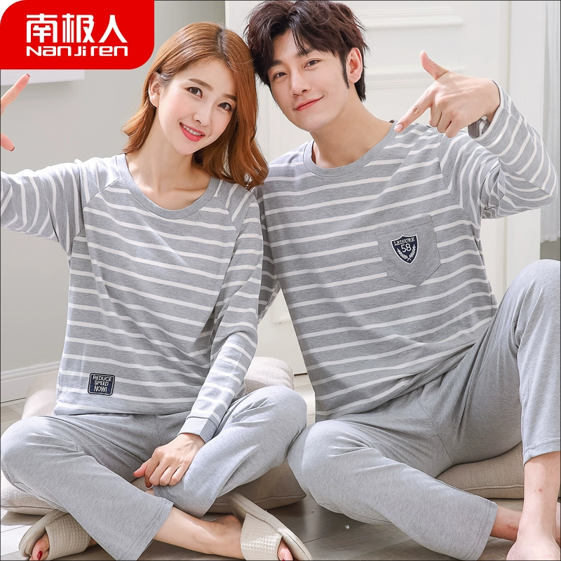 Bộ đồ ngủ Nam Cực vài bộ cotton dài tay phù hợp với mùa xuân và mùa thu phiên bản Hàn Quốc của phần mỏng dễ thương size lớn áo thun cotton phục vụ tận nhà - Cha mẹ và con