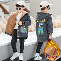 Childrens clothing boys fleece thickened denim jacket 2021 new boys autumn and winter models in the big childrens autumn and winter fashion