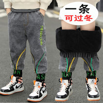 Childrens clothing boys fleece trousers 2020 new autumn and winter styles for middle-aged childrens jeans thickened and handsome all-in-one fleece trousers
