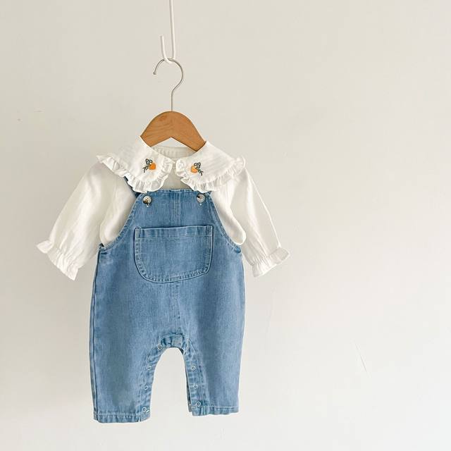 Girl baby loose version overalls spring and autumn suit pure cotton shirt top clothes baby one-piece denim pants