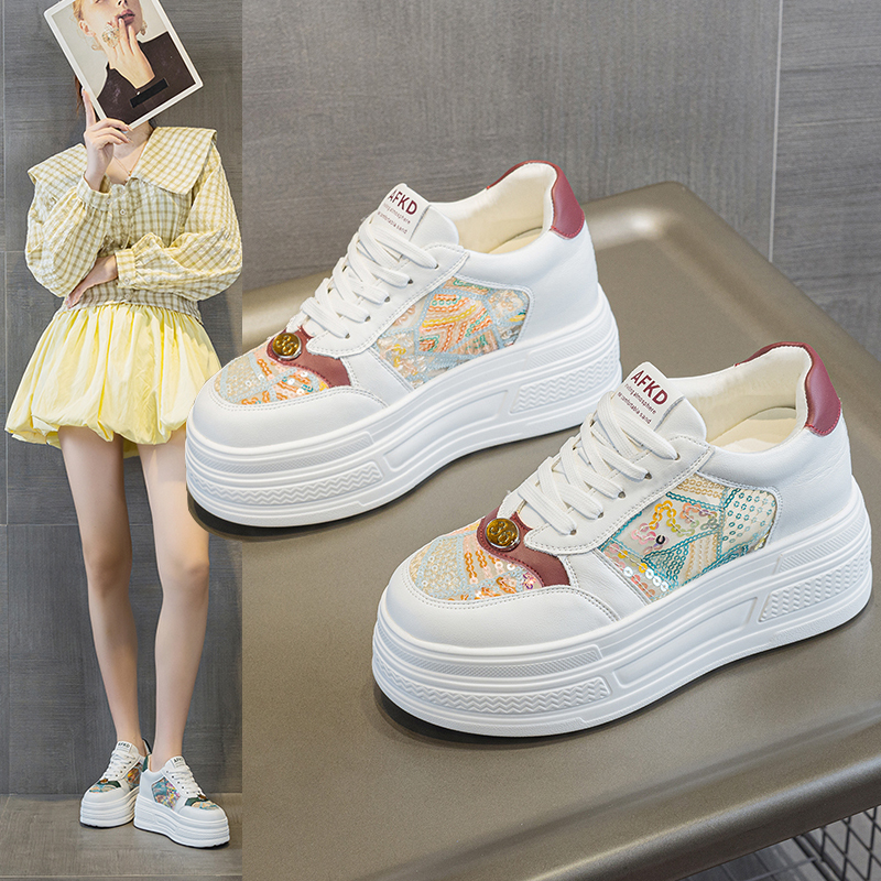 White Sneakers with Hidden Height Increase for Women, 2026 Summer New Style, Breathable Mesh, Anti-Odor, Sequin Color-Blocking, Trendy Chinese Style, Lightweight