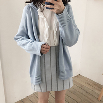 Spring and autumn Korean version of a very fairys sweater Lazy Wind 100 Lap Knit Cardiovert Cotton Thread Blue Extra-virgin Coat Cardiovert