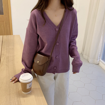 2021 new spring and autumn day net red loose with lazy wind purple very fairy knitted cardiovert short sweater jacket woman