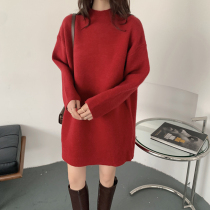 Cherries New Year red half high collar long autumn and winter New loose wear lazy with boots sweater skirt women