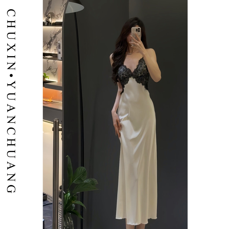 Sexy Backless Long Nightgown with Straps for Women, French Style, High-End Lace, Slimming, Pure and Alluring, Can Be Worn Outside, Spring Pajamas Sexy Backless Long Nightgown with Straps for Women, French Style, High-End Lace, Slimming, Pure and Alluring, Can Be Worn Outside, Spring Pajamas