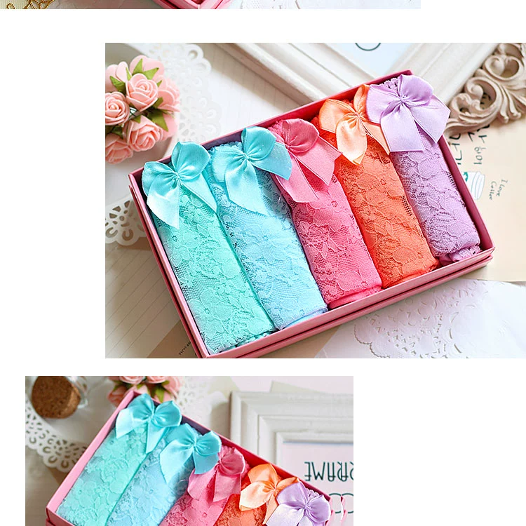 Summer Candy Color Lace Bow Cotton Quần lót Cô gái eo thấp Quần tam giác nữ Hộp quà tặng