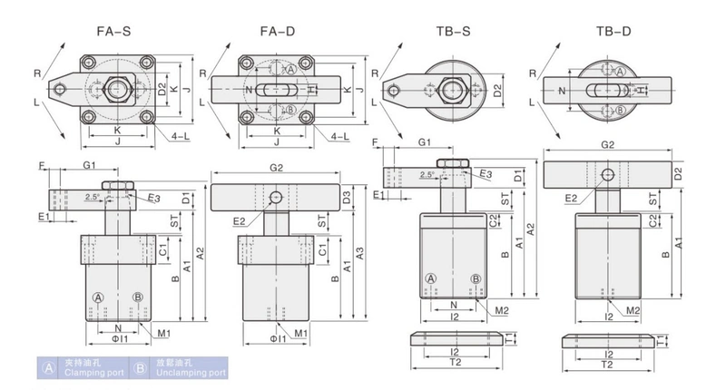 Vật cố định HSL xi lanh góc mặt bích trên HSC-FA25 32 40 50 63DR ấn xuống và xoay 90 độ xilanh thuỷ lực giá xi lanh thủy lực cũ