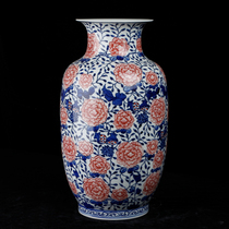 Jingdezhen Ceramic Ware Green Flower Glazed Red Hand-painted Peony Flowers Bottle Pendulum with Ming and Qing Classical Chinese Boku Shelf