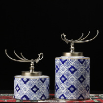 Chinese antique blue and white blue grid stripe Vase ornaments living room home TV cabinet wine cabinet decorative alloy lid jar
