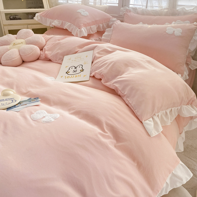 Embroidery Four pieces of cotton pure cotton pure cotton pure color princess wind quilt cover Nantong Home Spinning Gross Bed Hat Rind Washed Cotton Spring Autumn