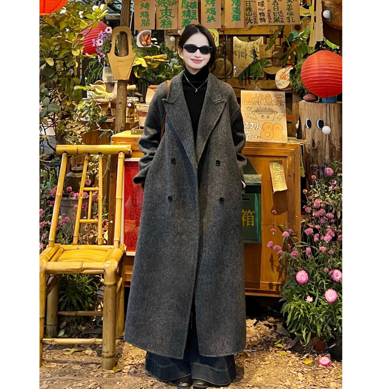 Black and Gray Tall Women's Extra-Long Double-Sided Wool Coat, New Autumn and Winter Ankle-Length Woolen Overcoat Black and Gray Tall Women's Extra-Long Double-Sided Wool Coat, New Autumn and Winter Ankle-Length Woolen Overcoat