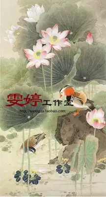 Meticulous painting white paper manuscript flower and bird line drawing Chinese painting manuscript Lotus Lotus Lotus Pond Mandarin duck painting
