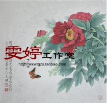 Gongbi painting white sketch background-Peony butterfly work painting Flower and bird painting Gongbi painting background