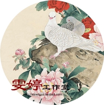 Gongbi painting white sketch background-fan face round face sketch Peony Pigeon Chinese painting Calligraphy painting painting industrial painting*