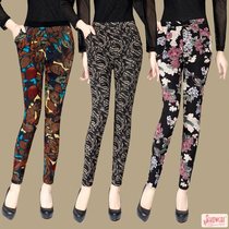 Middle-aged and elderly plus velvet thick pattern leggings autumn and winter womens large size mother warm wearing trousers