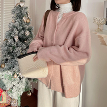 2023 Spring and Autumn Lazy warm pink sweater wear new Korean edition loose knitted knife shirt thickened