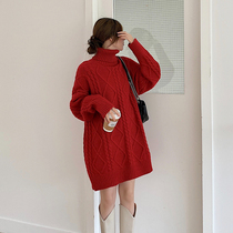 Middle and long - term New Year New Years New Years red high - collar sweater girl 2022 autumn and winter loose wind and thicken outer wear