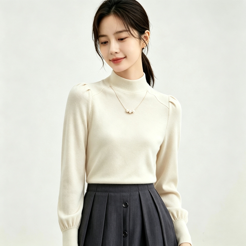 2026 Autumn New Style Elegant Necklace Half-High Collar Knitted Sweater for Women with Designer-Style Regular Shoulder Puff Sleeves