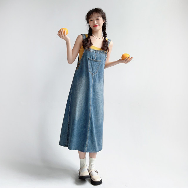 120 catties Dayang denim suspender skirt ສໍາລັບແມ່ຍິງ 2023 ຮູບແບບໃຫມ່ຂະຫນາດນ້ອຍມມມມໄຂມັນກວມເອົາ dress ຫຼຸດຜ່ອນອາຍຸ