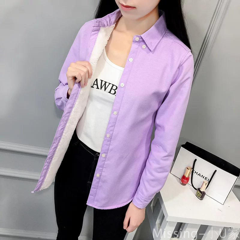 Áo sơ mi nữ 2018 mùa thu đông mới phiên bản Hàn Quốc mới nhất để giữ ấm áo sơ mi nữ sinh cộng với áo nhung dày nữ dài sơ mi nữ họa tiết dài tay