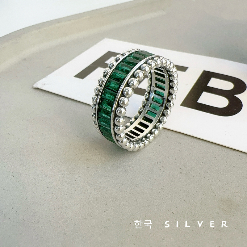 Korean Single-Piece Heavy-Duty S925 Sterling Silver Emerald Diamond Ring, New Ocean Wonderland Shimmering Closed-Ring Index Finger Ring for Women