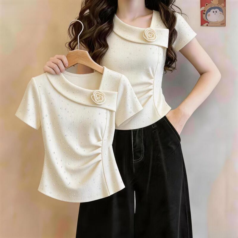 Gypsophila Summer New Design Asymmetrical Neckline Short-Sleeve Ruched Waist T-Shirt Fashionable Age-Reducing Versatile Slim-Fit Top