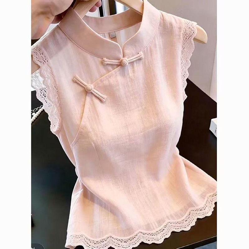 French-Style Pink Stand-Up Collar Retro Button Wave Lace Hem Improved Sleeveless Versatile Top 2026 Summer Women's Clothing French-Style Pink Stand-Up Collar Retro Button Wave Lace Hem Improved Sleeveless Versatile Top 2026 Summer Women's Clothing