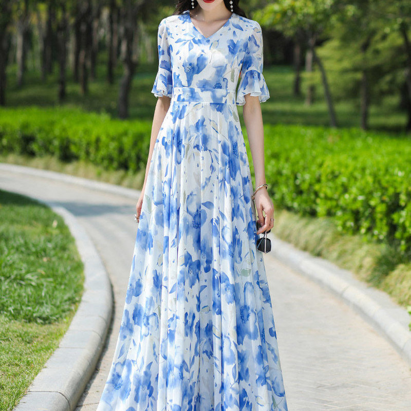 New Style Flared Dress, Summer Long Flared Dress, Printed Chiffon Short-Sleeved Vacation Floral Shimmery Beach Dress New Style Flared Dress, Summer Long Flared Dress, Printed Chiffon Short-Sleeved Vacation Floral Shimmery Beach Dress