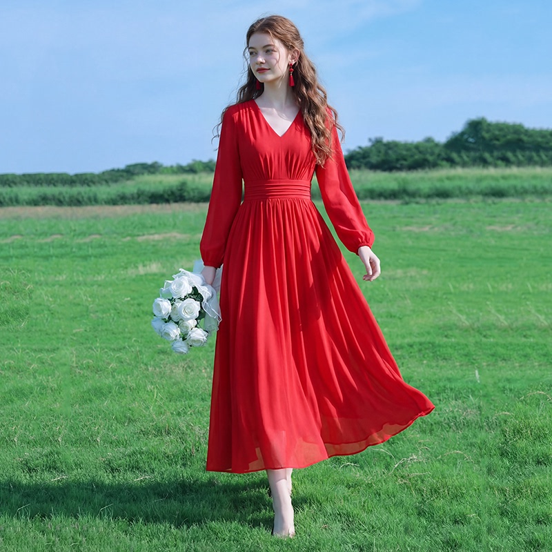 Multi-Color Long-Sleeved Dress 2026 Spring and Summer New Style Seaside Vacation Beach Dress Waist-Cinching Slimming Ankle-Length Dress