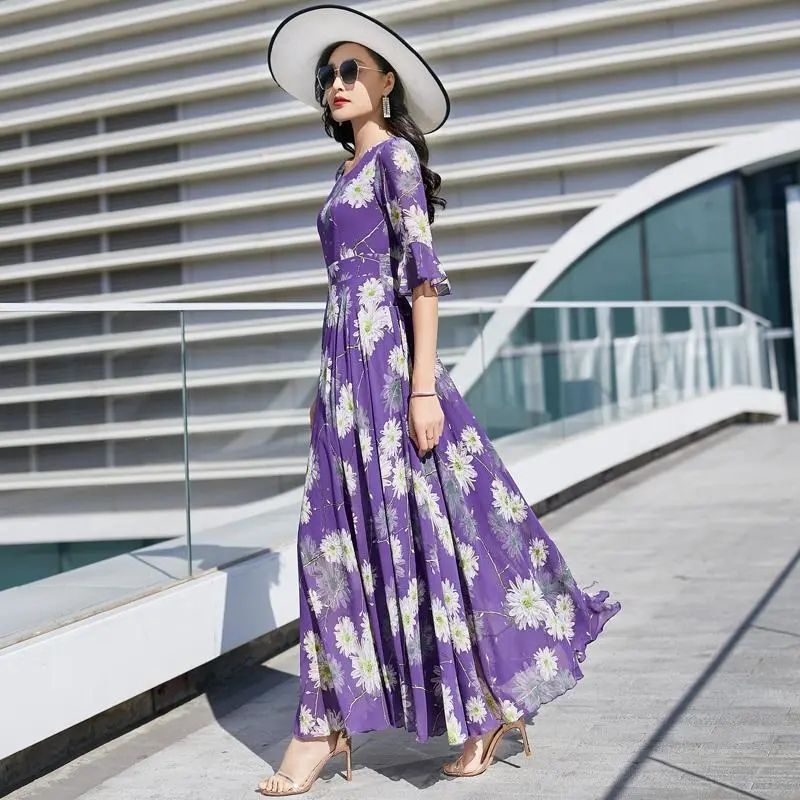 Summer Purple Long Dress with a Flared Skirt, Slimming and Figure-Flattering, Elegant Ladylike Style, Floral Chiffon Long Dress for Women