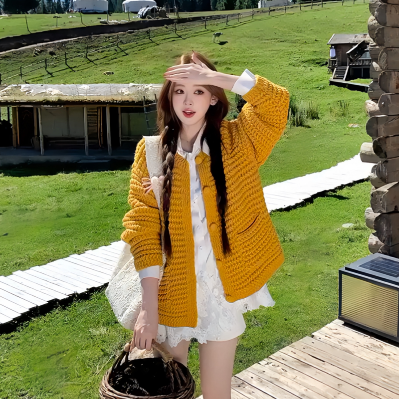 Vintage Ginger-Colored Chunky Knit Cardigan Sweater for Women, Loose Fit with Drop Shoulder Sleeves and Pocket Design, Versatile Knit Jacket for Women Vintage Ginger-Colored Chunky Knit Cardigan Sweater for Women, Loose Fit with Drop Shoulder Sleeves and Pocket Design, Versatile Knit Jacket for Women