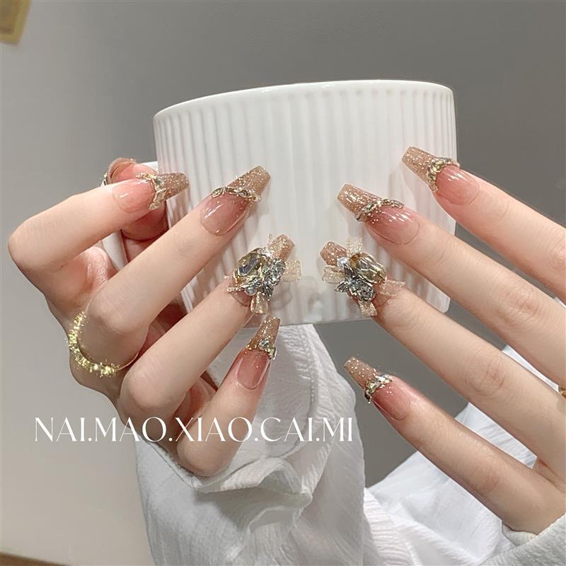 Champagne Ballet French Style Long Handmade Wearable Nails, High-End Niche Whitening Diamond Nail Art Finished Nail Patches
