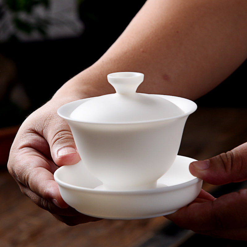 Cover bowl ceramic mutton fat jade vegetarian roast pure white simple Dehua jade porcelain kung fu tea set home sancai bowl tea ceremony accessories