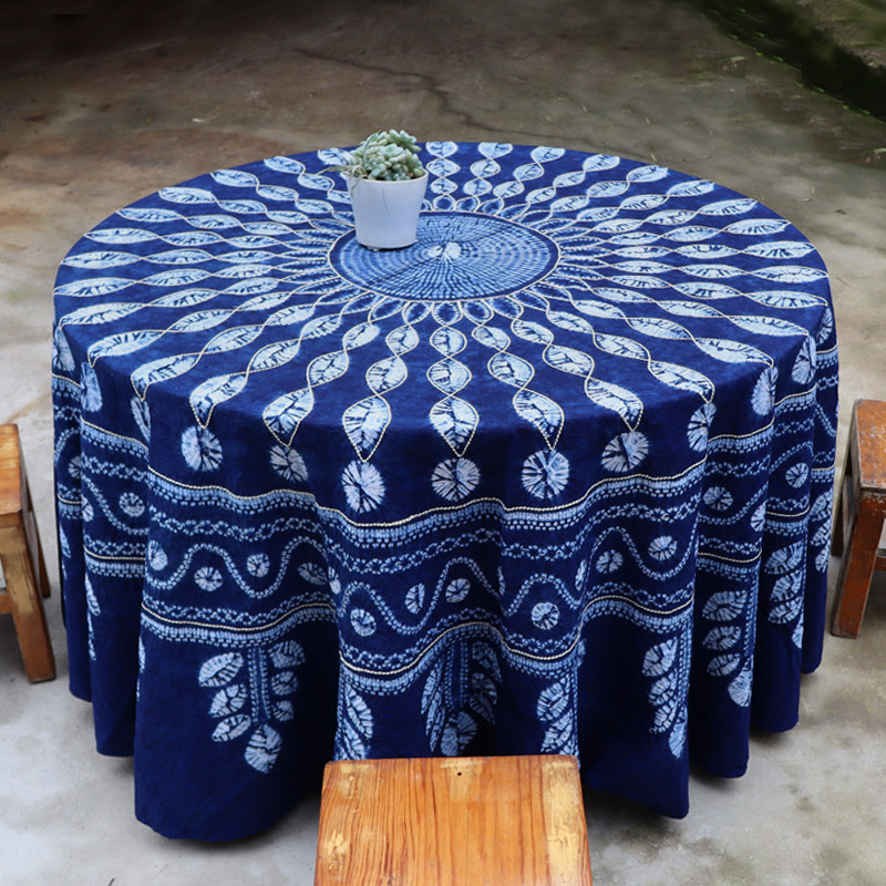Dali Bai traditional hand-dyed pure cotton sashiko embroidered large round tablecloth vegetation blue dyed ethnic pastoral style tablecloth