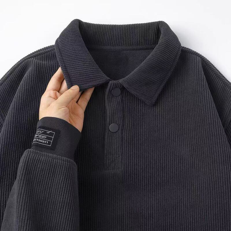 Heavyweight Autumn and Winter Corduroy Sweatshirt with Fleece Lining, American Casual Long-Sleeve, Simple Polo, Loose Fit, Versatile Solid Color