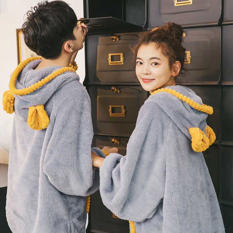 Couple coral suede pyjamas woman autumn winter sweet and cute thickened flannel male suit student Warm Family Clothing