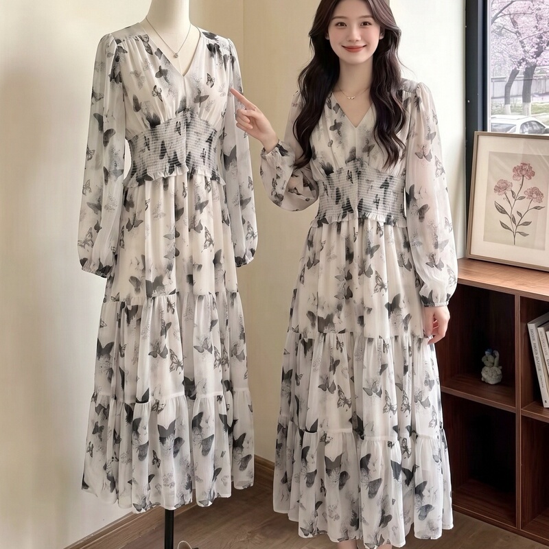 French-Style Butterfly Print Dress for Women, Long-Sleeved V-Neck, Waist-Cinching, Slimming Chiffon Long Dress, Beautiful and Age-Reducing Long Dress