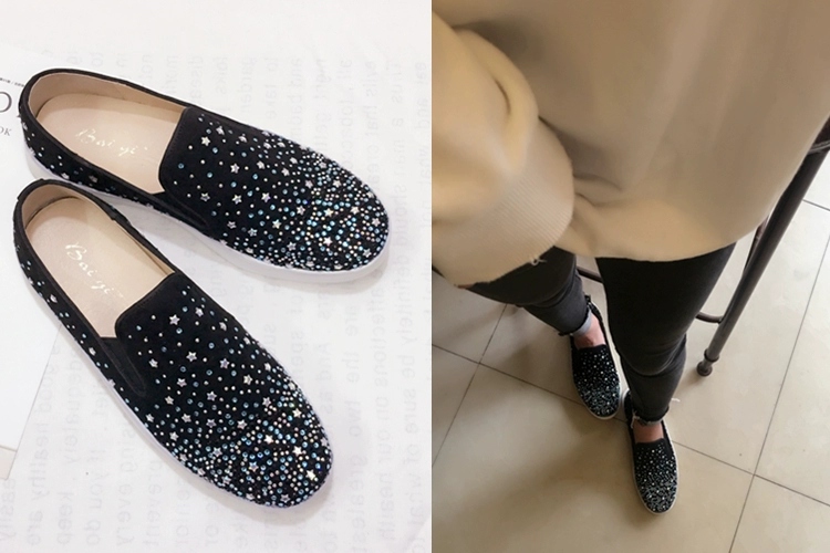 Giày lười rhinestone, giày lười nữ, giày tăng chiều cao nữ, giày đơn nữ đế bằng mũi tròn, giày đế thấp, giày đế dày, giày hoang dã - Giày cắt thấp