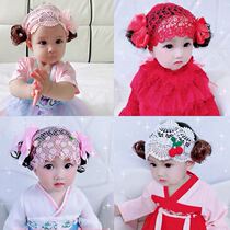 Baby lace hair with infant protective halter door hair hat Korea cute princess cherry head flower female baby wig summer